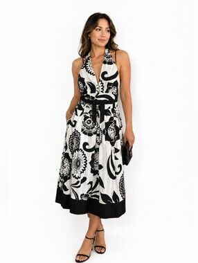 SIGNATURE by Robbie Bee Black & White Floral Halter Midi Dress Sz 8 Cocktail